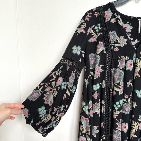 Free People Just the Two of Us Tunic Top Black + Pink Floral Laser Cut Boho - Picture 5 of 9